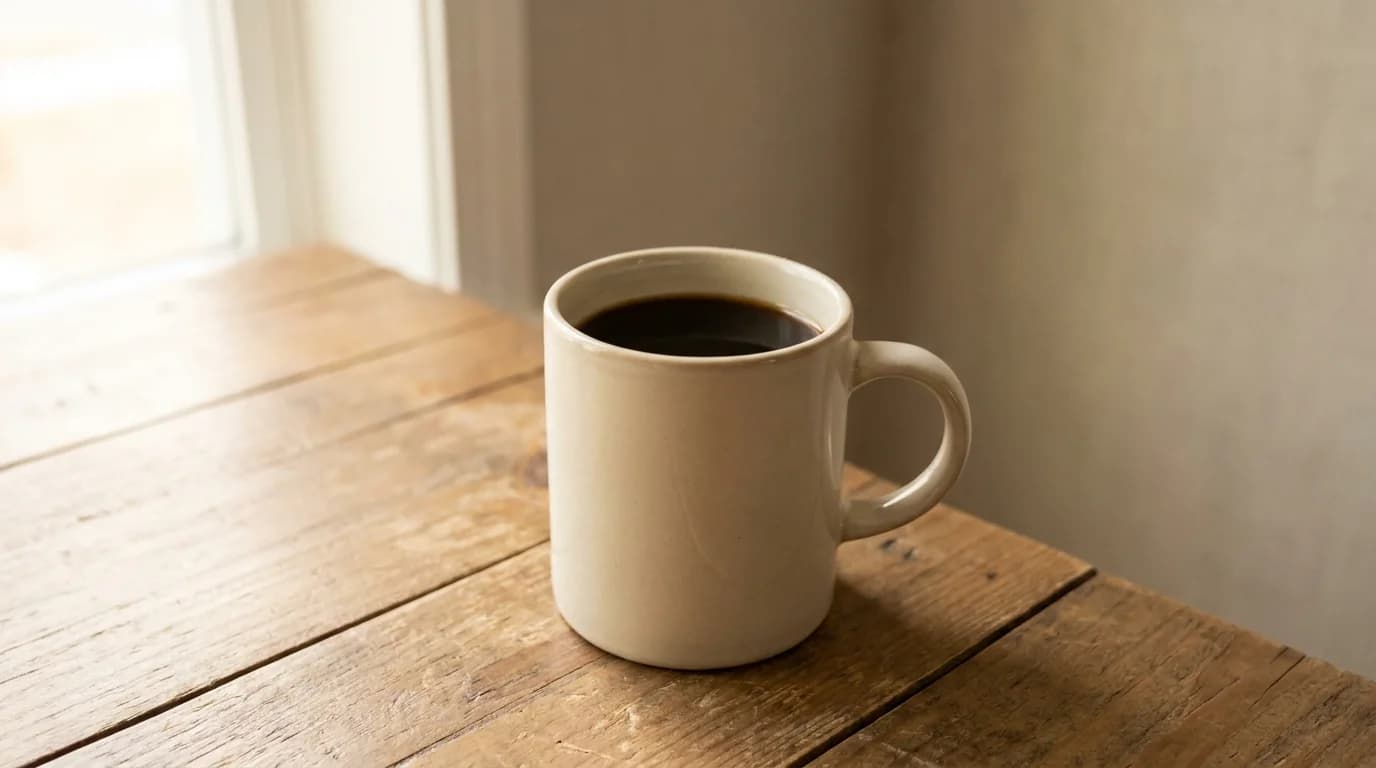 A white ceramic mug of dark coffee placed on a bare linen surface, soft morning window light from the left, minimalist composition, calm mood