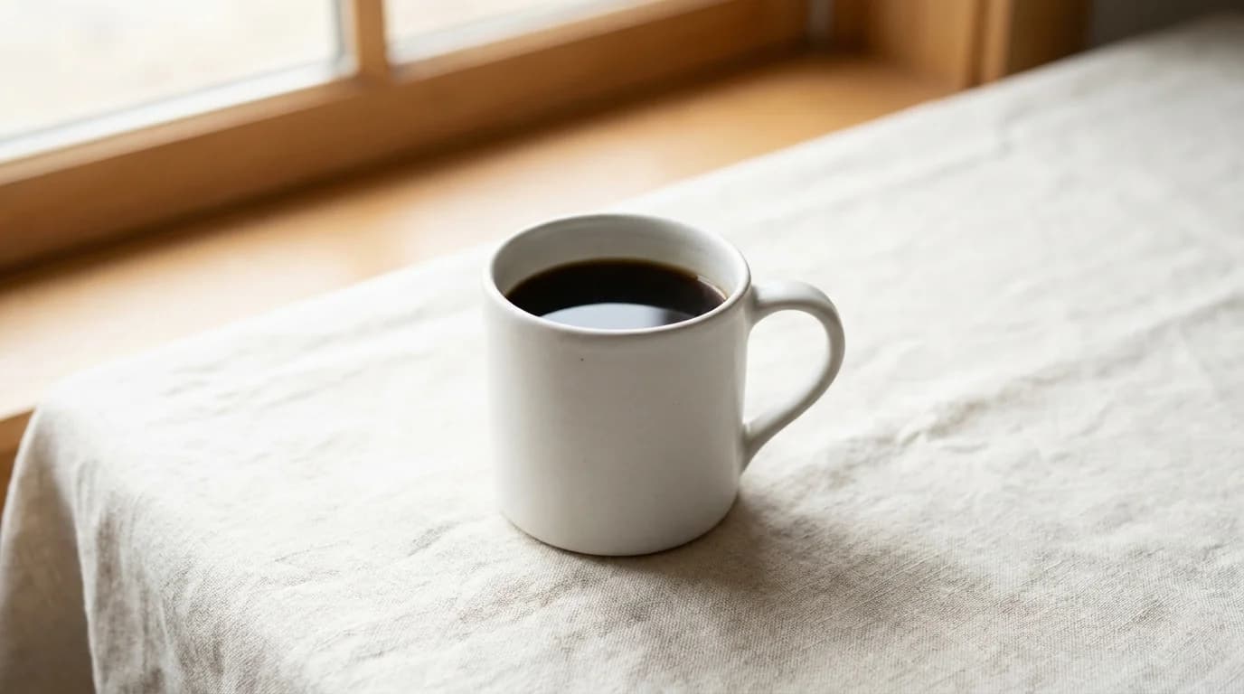One white ceramic mug of black coffee sits on a bare linen surface, soft morning window light, calm minimalist composition