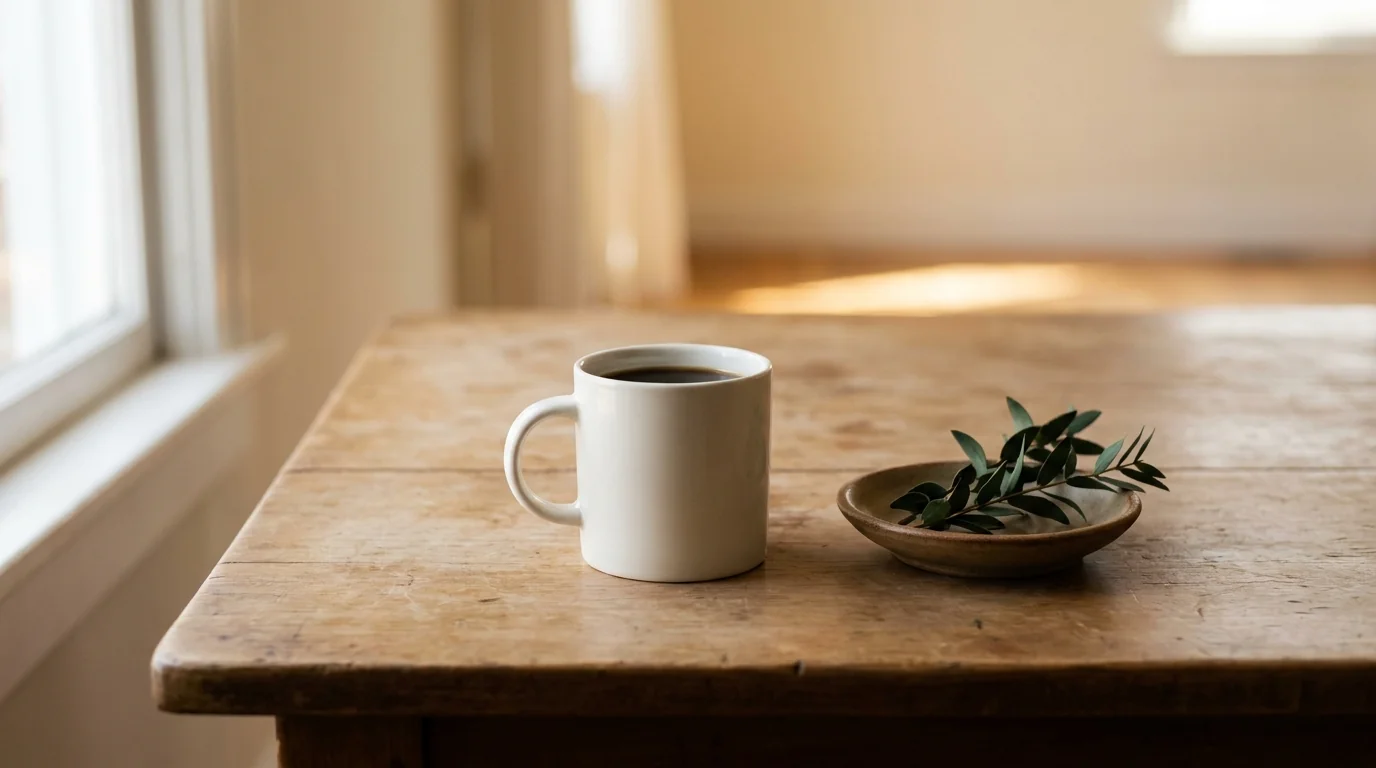 A single white ceramic mug of coffee beside a small dish of leafy greens on a bare wooden surface, soft morning window light, minimalist composition