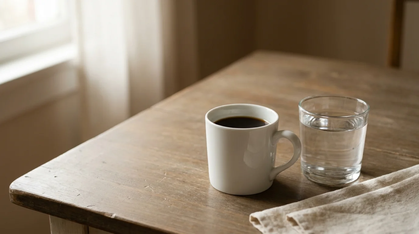 A white ceramic mug of black coffee beside a clear glass of water on a bare wooden surface, soft morning window light, minimalist composition