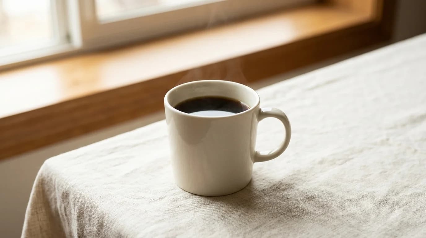 Set on a bare wooden surface, a white ceramic mug of black coffee on a bare warm linen surface, soft morning window light, minimalist composition, calm reflective mood