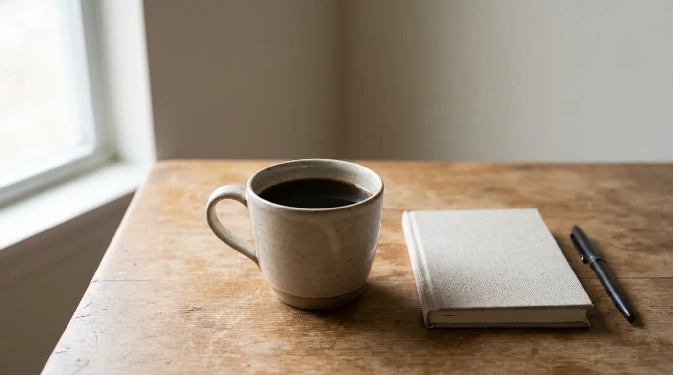 A ceramic mug of black coffee on a bare wooden desk, soft morning light from a window to the left, minimal composition, warm and contemplative