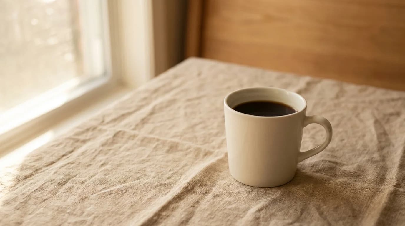 A single white ceramic mug of coffee on a bare warm linen surface, soft morning window light, minimalist composition, calm reflective mood