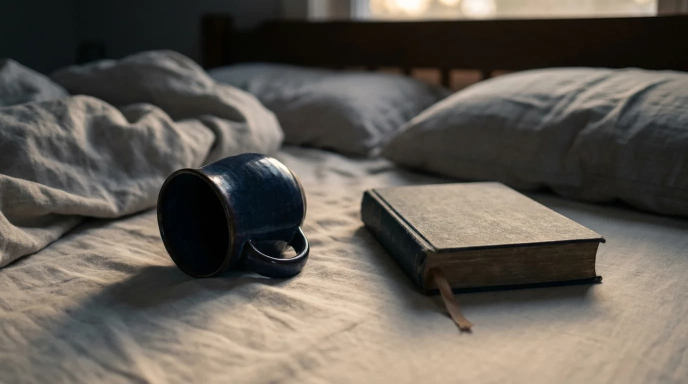 An empty ceramic mug beside a folded linen napkin in evening light, minimalist composition with generous negative space
