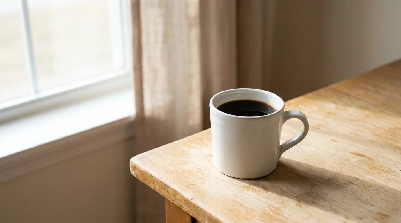 Photographed on a bare wooden surface, one white ceramic mug of black coffee on a bare wooden desk with soft morning window light, minimalist calm composition