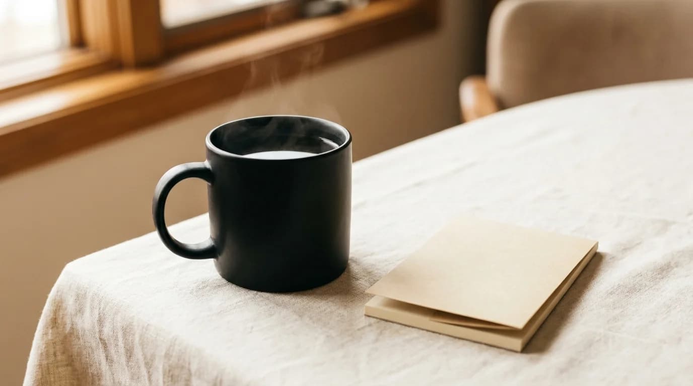 A plain black ceramic mug of coffee on a bare pale linen surface beside a small folded notepad, soft morning window light, minimal composition