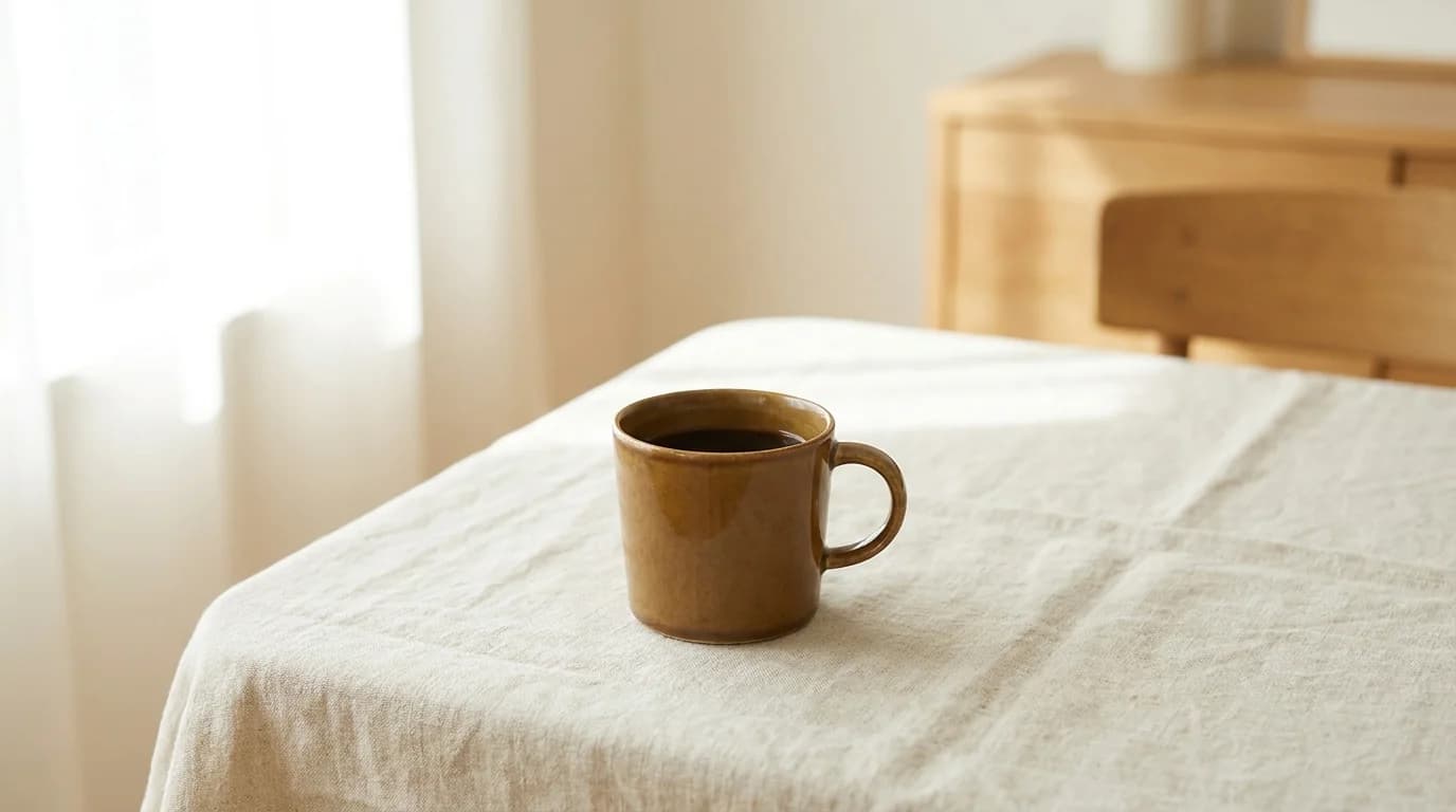 A single ceramic mug of dark coffee on a bare linen surface with soft morning window light, minimalist composition, calm reflective mood