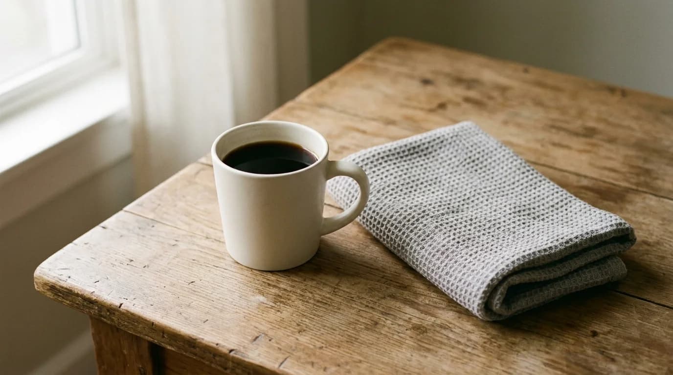 Sitting on a bare wooden surface, a white ceramic mug of black coffee beside a folded gym towel on a bare wooden surface, soft morning window light, minimalist composition