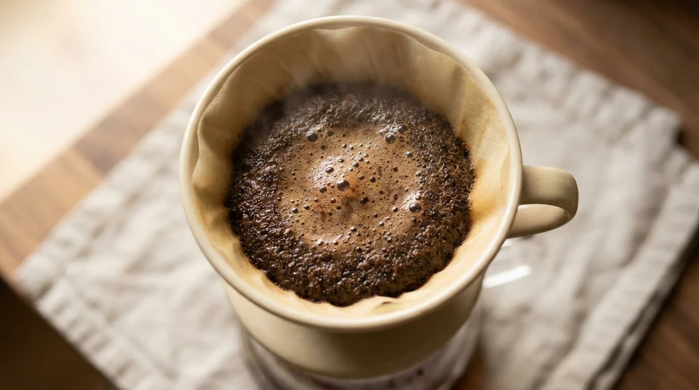 A close-up view of a pour-over coffee filter cone with wet grounds visibly bubbling and expanding during the bloom phase, soft warm morning light from the side, minimalist composition