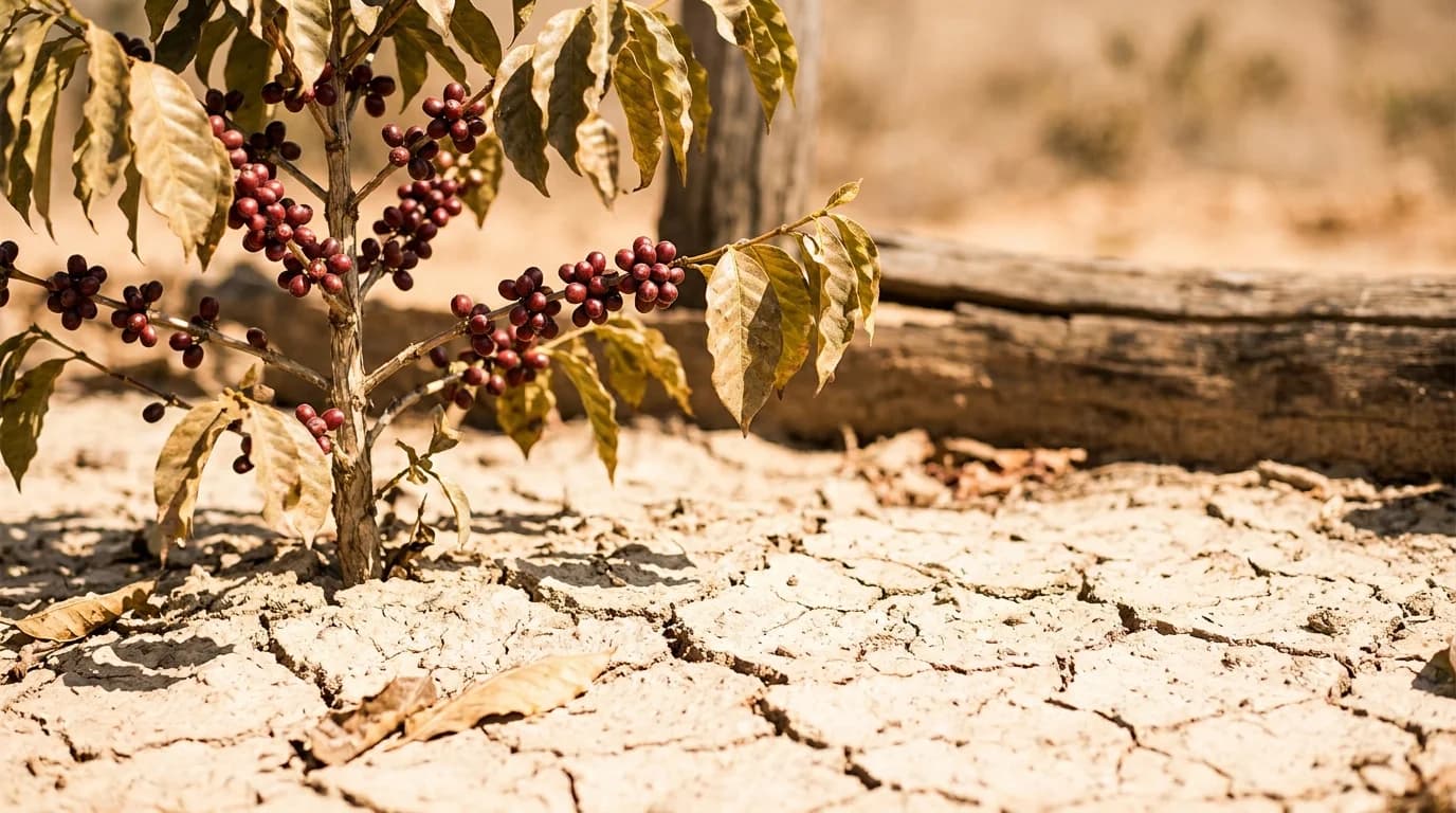 Coffee cherry branches in dappled highland sunlight, warm red and green tones, a subtle heat shimmer in the soft-focus background, minimal composition