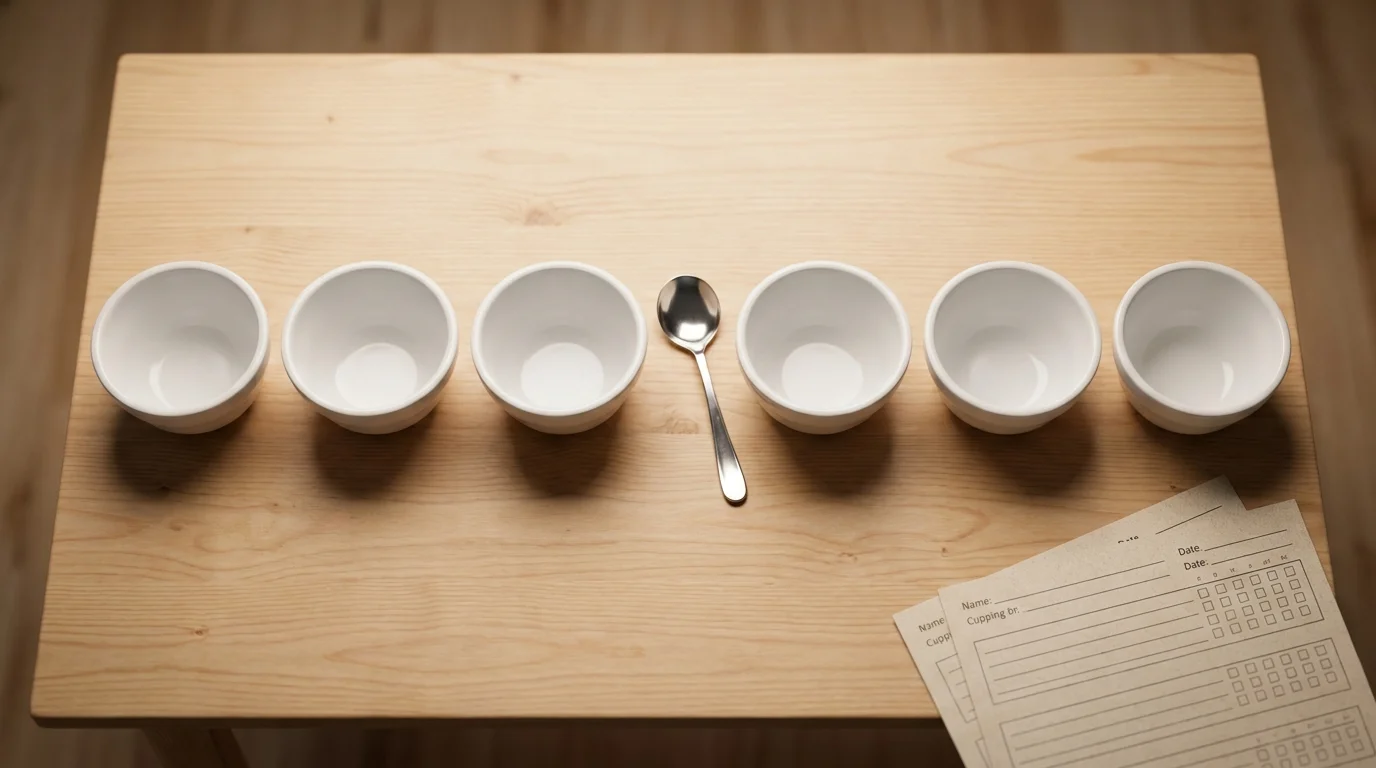 A cupping table viewed from above with six white ceramic cupping bowls in a row, a silver cupping spoon resting between two bowls, a printed cupping form at the edge of the table, soft professional overhead lighting