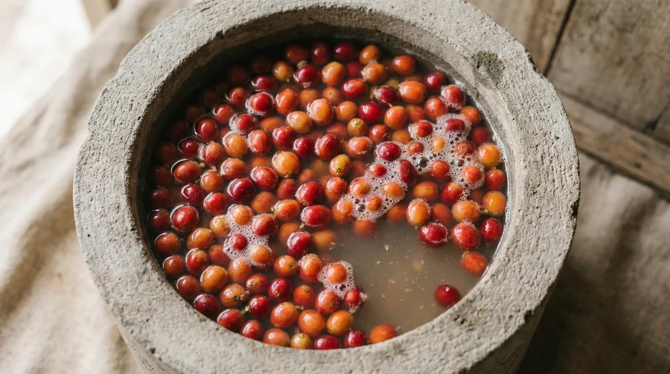 A close-up overhead view of wet coffee cherries fermenting in a stone tank filled with water, foam forming at the surface edges, soft daylight from the side