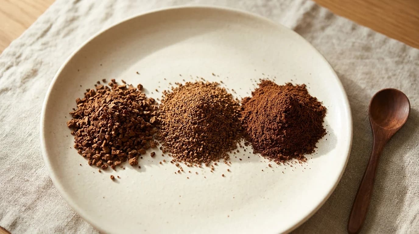 A small pile of medium-ground coffee on a matte ceramic plate beside a wooden scoop, soft daylight highlighting the texture of the grounds