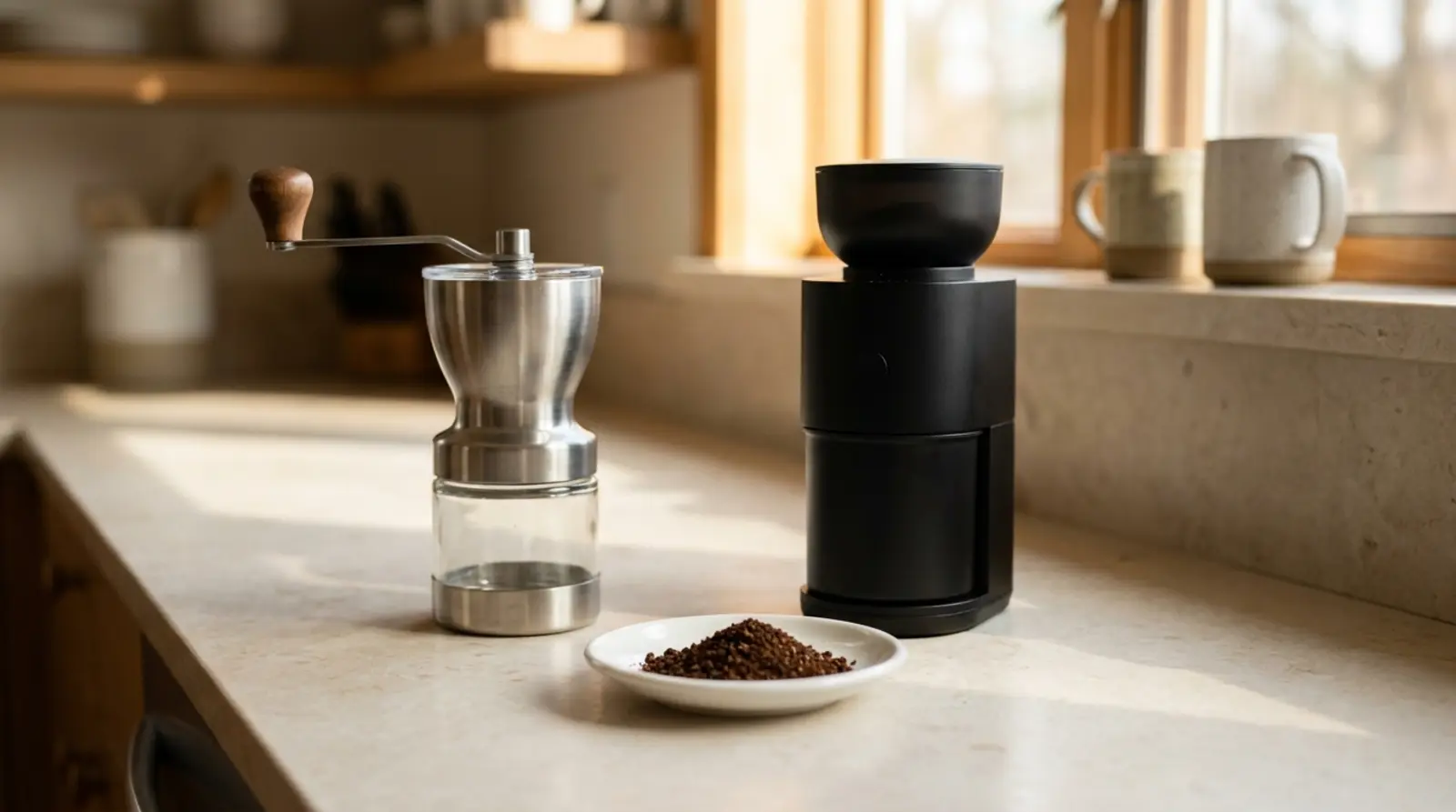 A hand-cranked stainless coffee grinder and a black electric burr grinder standing side by side on a pale stone counter in warm morning light, with ground coffee on a small white dish