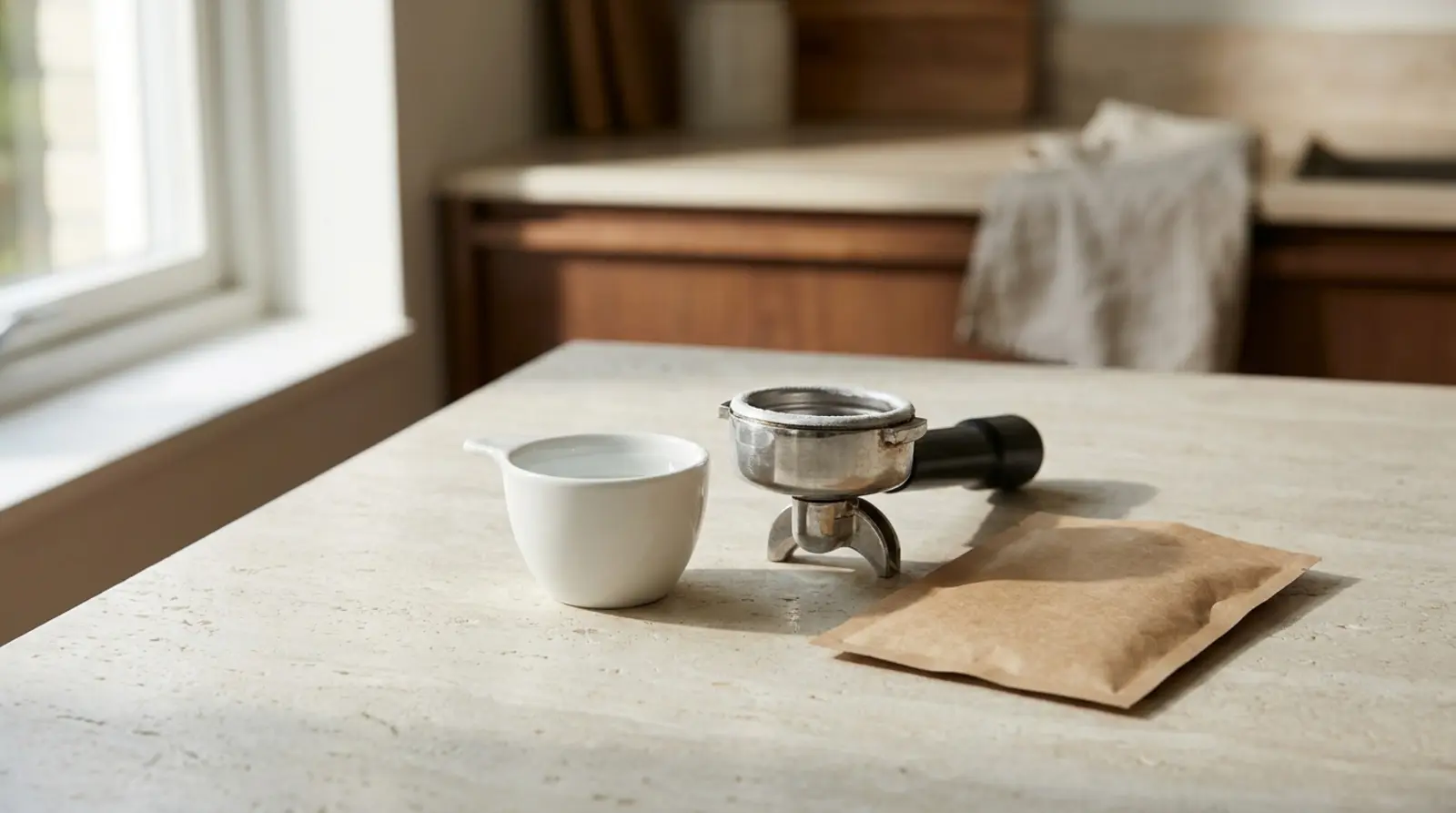 A small white ceramic measuring cup, an espresso machine portafilter with pale mineral residue on its rim, and a plain unmarked paper sachet on a stone countertop in soft window light