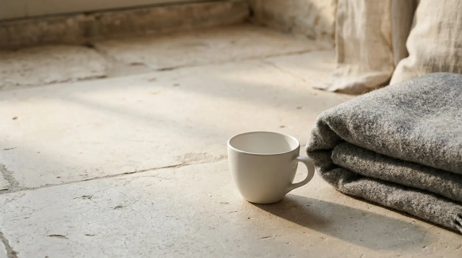An empty white coffee cup beside a folded grey blanket on a pale surface in soft afternoon light, quiet and still