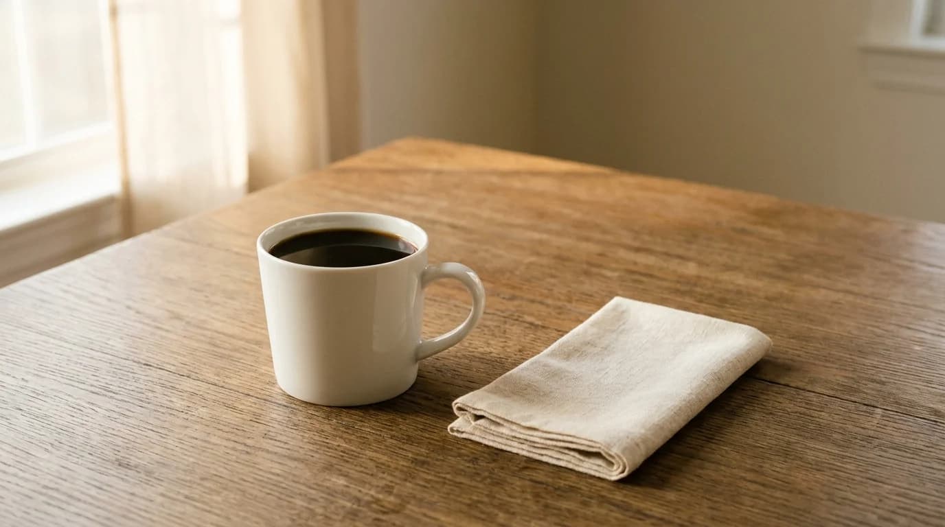 A plain white ceramic mug of black coffee positioned on a bare wooden table beside a small folded linen napkin, soft morning window light, minimalist composition