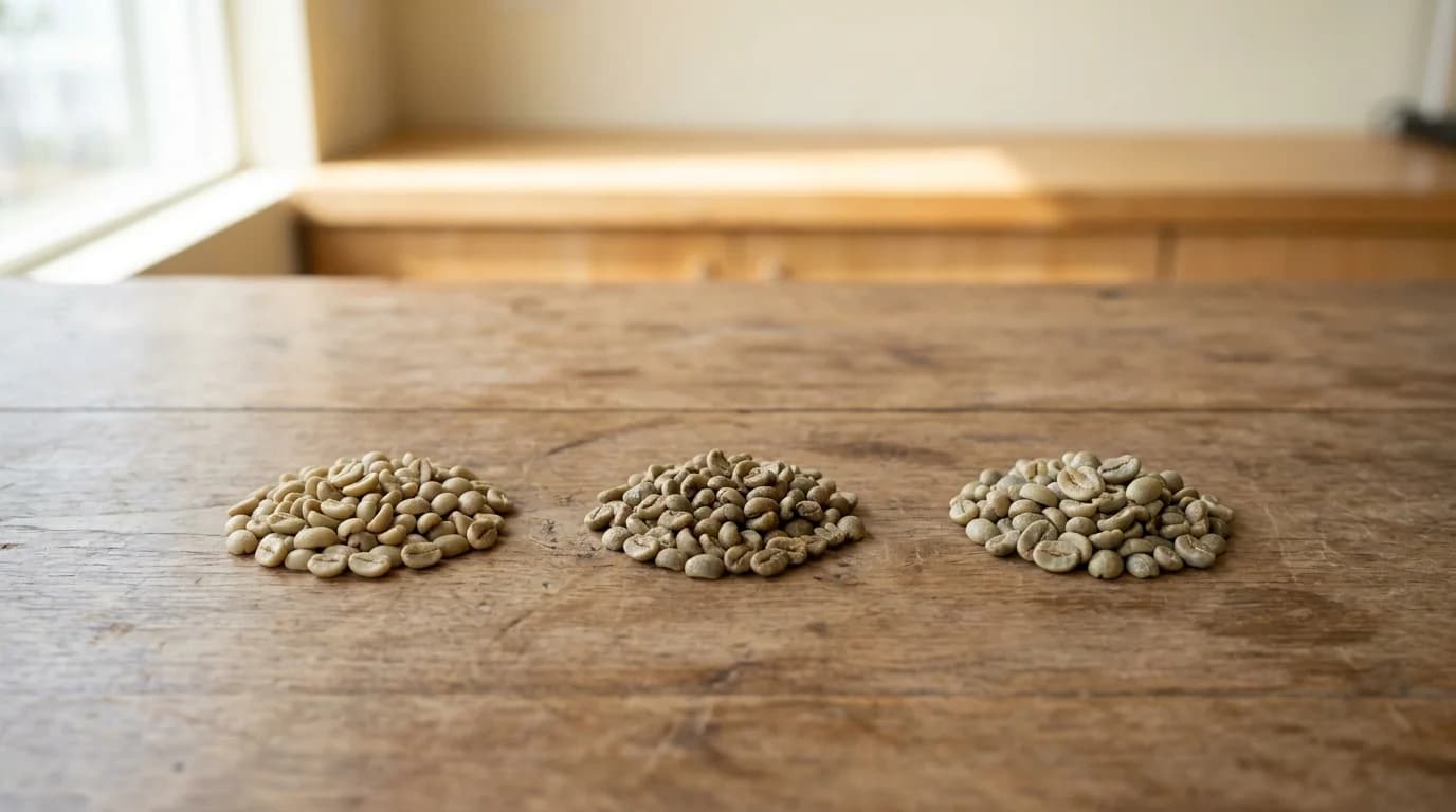 Three small piles of green unroasted coffee beans on a bare wooden surface — each with a slightly different colour, size, and shape — soft daylight from above showing origin diversity