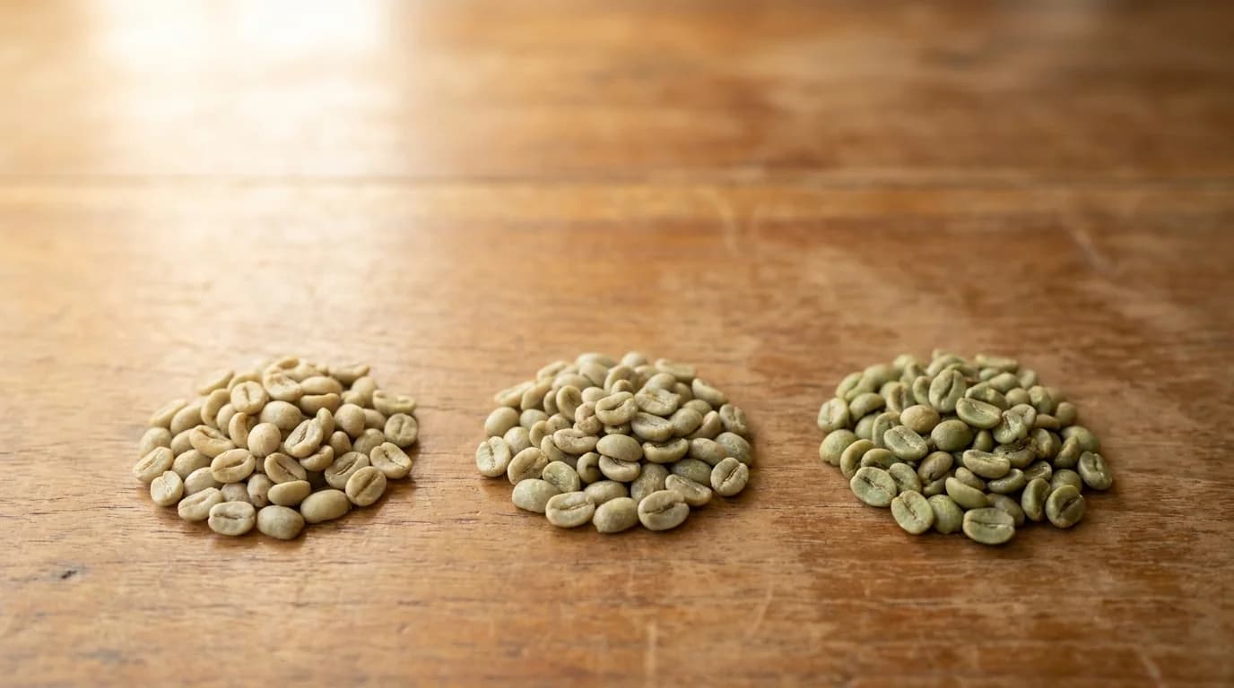 Three small piles of green unroasted coffee beans of subtly different shades side by side on a bare wooden surface, warm daylight, minimalist composition