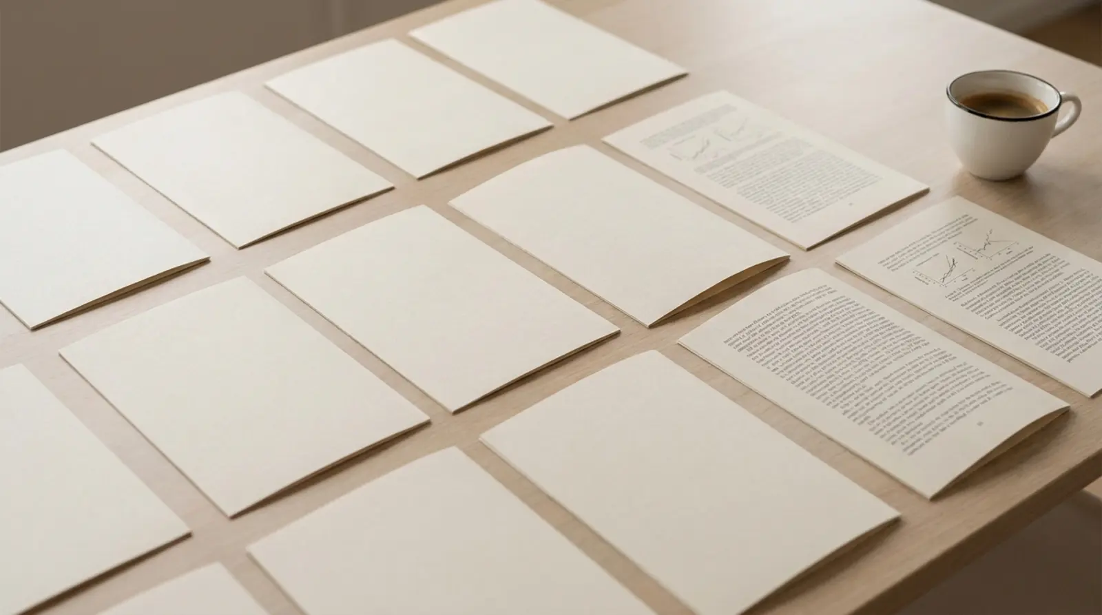 A wide, orderly grid of printed research papers laid out on a pale desk surface in even rows under soft daylight, most of them face down, a few face up