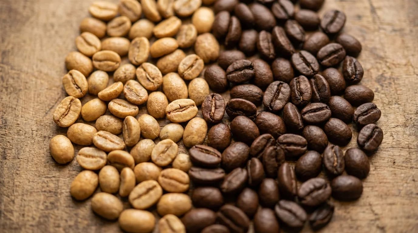 An overhead close-up of roasted coffee beans mid-roast spread on a tray, a gradient from pale green-brown to dark brown across the frame, warm industrial lighting from above