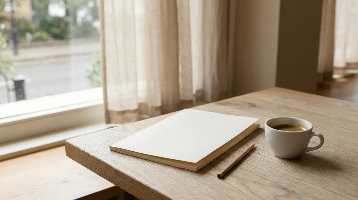 A plain paper document face down beside a white cup of coffee and a pencil on a pale oak table, a cafe window softly out of focus behind, quiet early light
