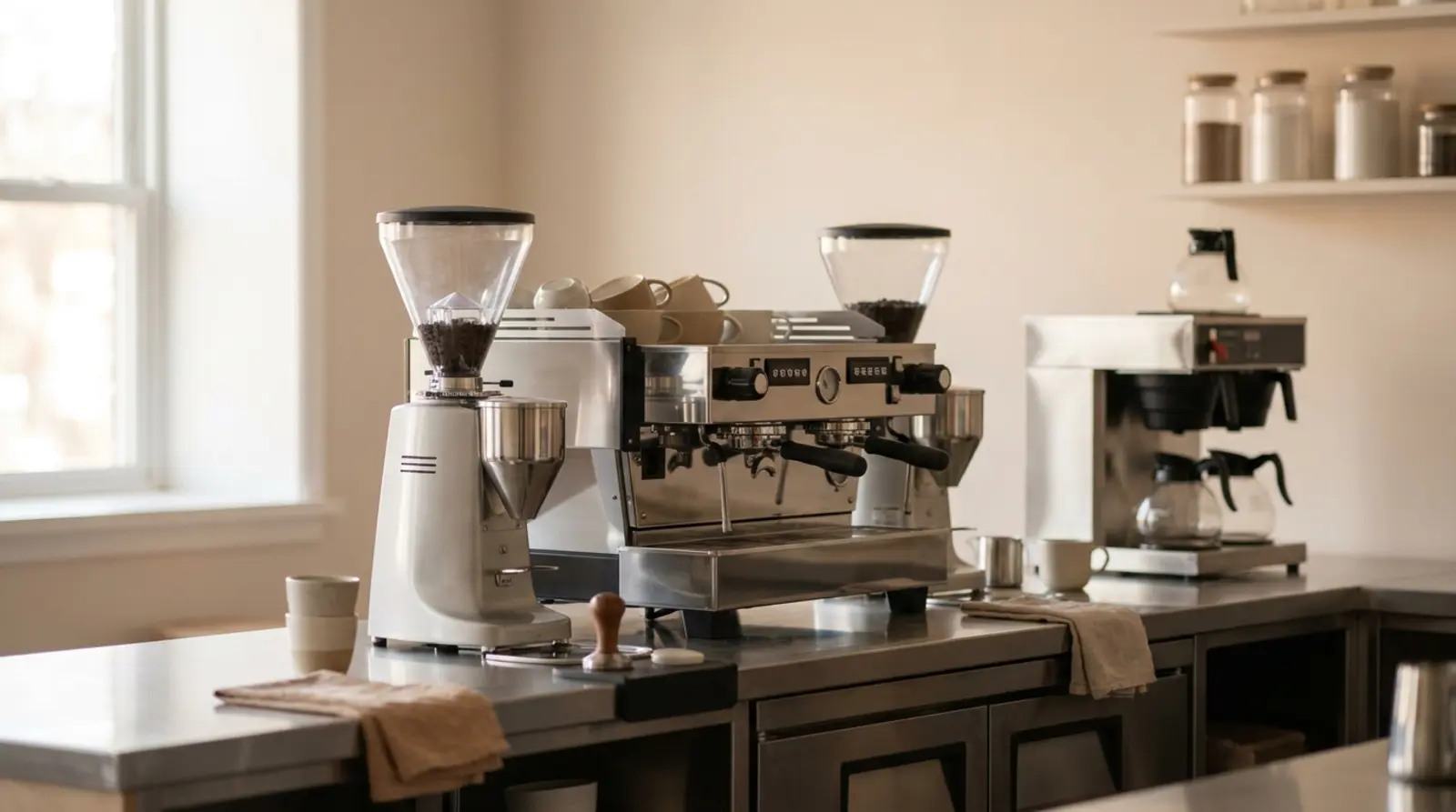 A stainless cafe back bar in soft daylight with an espresso machine, grinders and a batch brewer lined along the counter