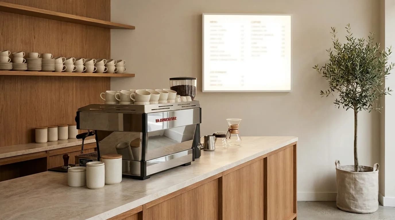 A split view: on the left a branded coffee chain counter with uniform signage, on the right an independent café with handwritten chalkboard menu and unique décor, clean minimal illustration style