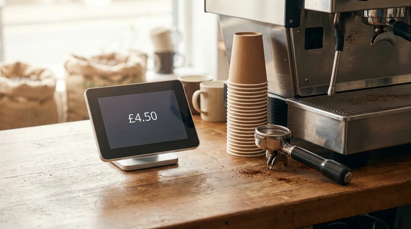 A coffee shop counter with a POS screen and a barista handling espresso cups, warm morning light, focus on the business operations rather than the coffee itself