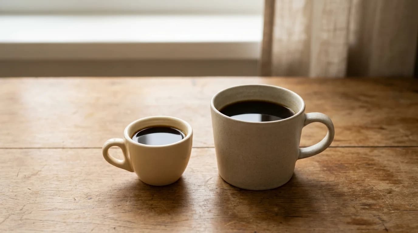 Two ceramic cups side by side on a bare wooden surface — a small espresso cup on the left with a small dark shot, a large mug on the right with more coffee — showing volume difference, soft daylight
