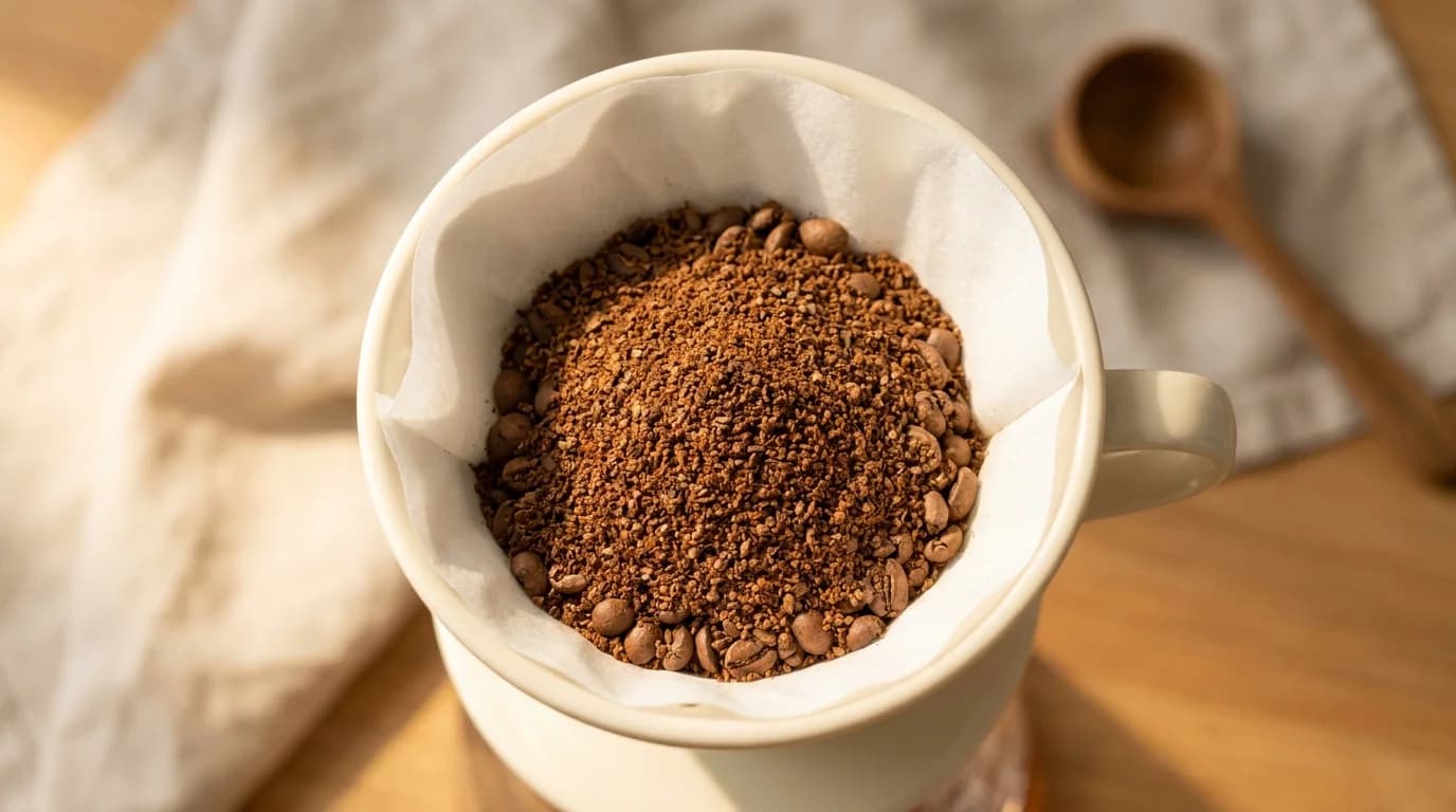 An overhead close-up of ground coffee in a filter basket, a fine texture visible, soft side lighting on the grounds, minimal composition