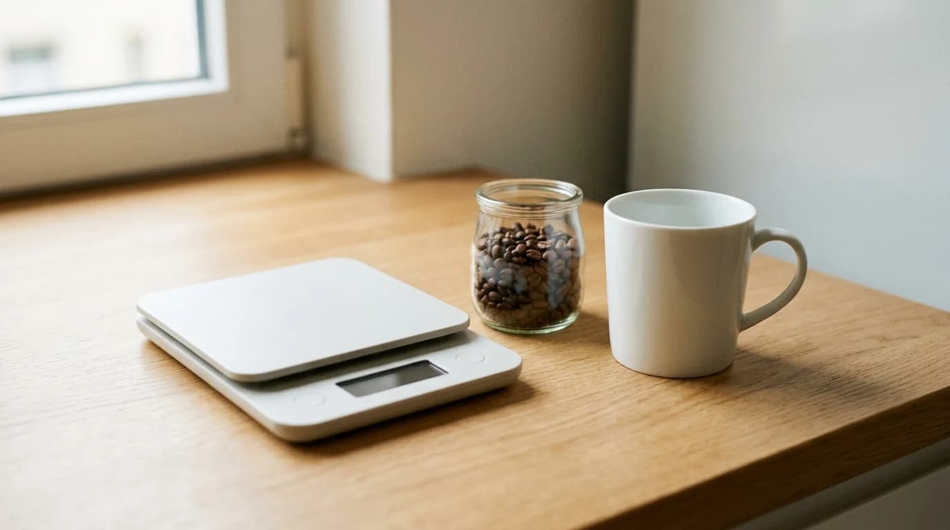 A small digital kitchen scale on a wooden countertop with a glass jar of whole coffee beans and a white ceramic mug beside it, soft daylight, minimalist composition
