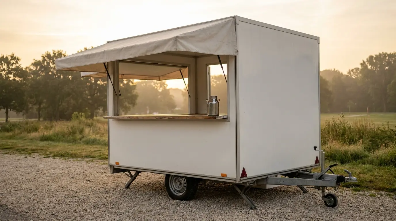 A small unbranded white vending trailer with its serving hatch propped open and a plain awning, parked on gravel at the edge of a park in early morning light