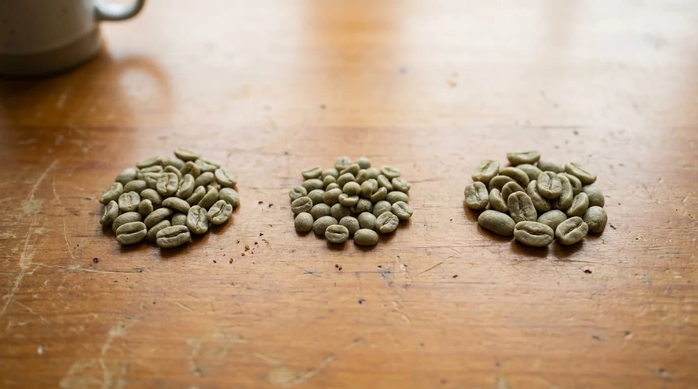 Three small piles of green unroasted coffee beans of subtly different sizes and shapes on a bare wooden surface, soft daylight from above, minimalist composition, nothing else in frame