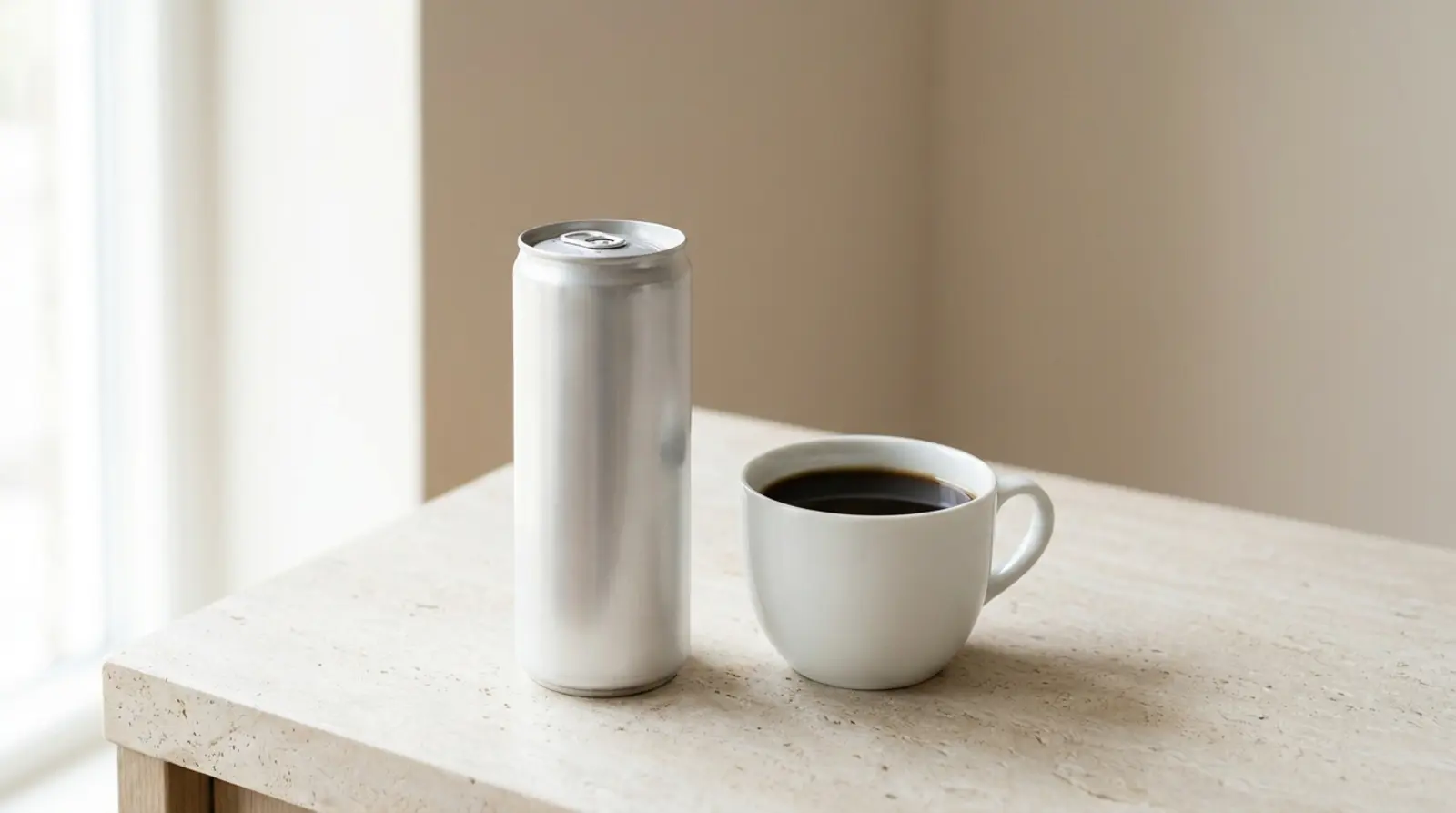 A small plain aluminium can and a white cup of black coffee side by side on a pale surface, shown at their true relative sizes in flat even daylight, no labels or branding visible