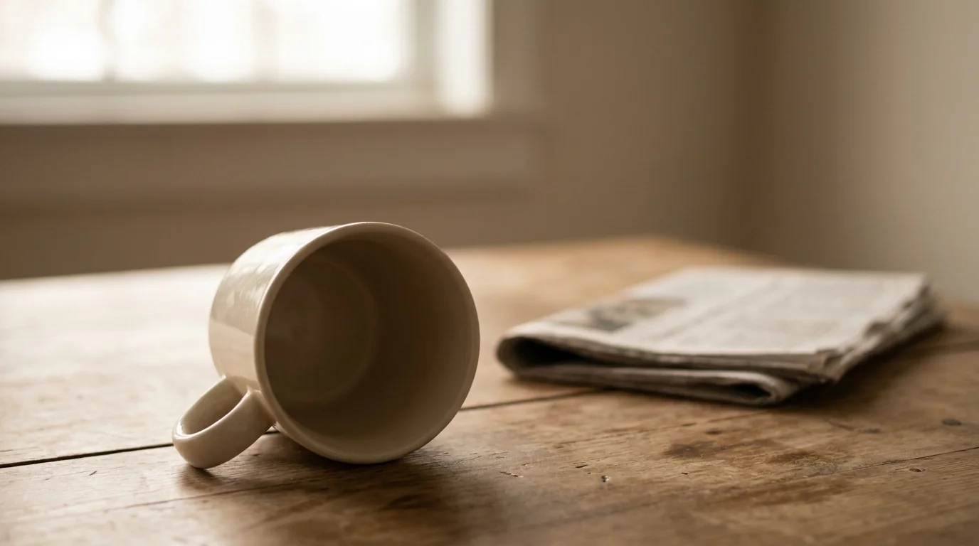 An empty white ceramic mug on a bare wooden table beside a folded newspaper, soft grey morning light, quiet minimalist composition
