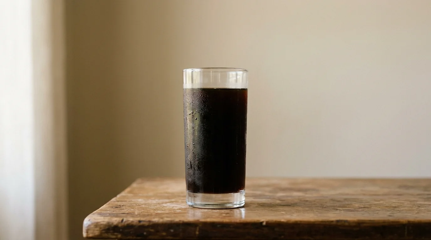 A tall glass of dark cold brew coffee with condensation on a wooden surface, soft daylight, minimalist composition, no ice or garnish