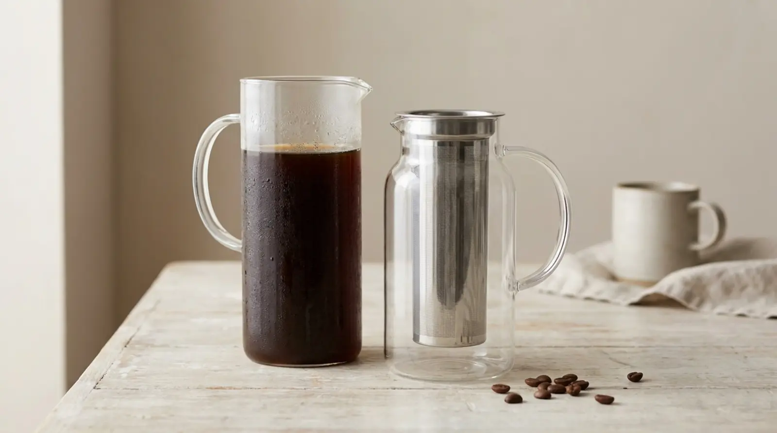 A glass jug of dark cold brew beside an empty jug with a fine mesh filter column inside it on a pale kitchen counter, cool daylight, a few coffee beans scattered in front