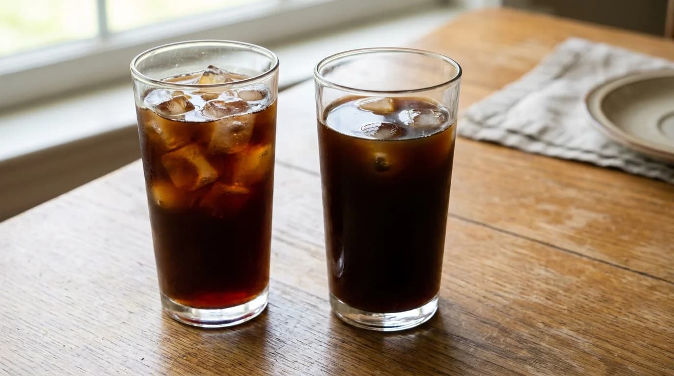 Two tall glasses of iced coffee side by side on a wooden surface — one with visible ice cubes (iced coffee), one darker with less ice (cold brew) — soft natural daylight, minimalist composition