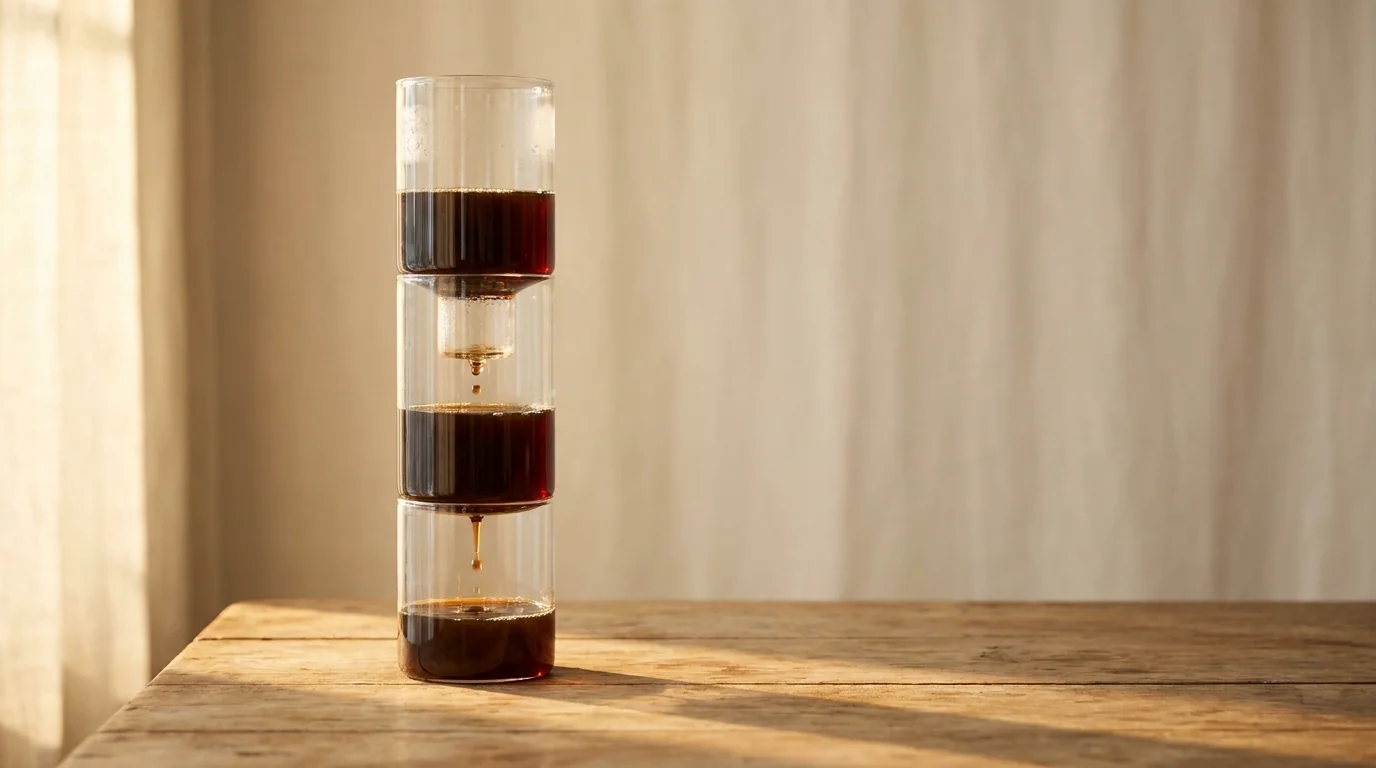 A tall glass cold drip coffee tower with multiple chambers on a wooden surface, warm afternoon light, minimalist composition