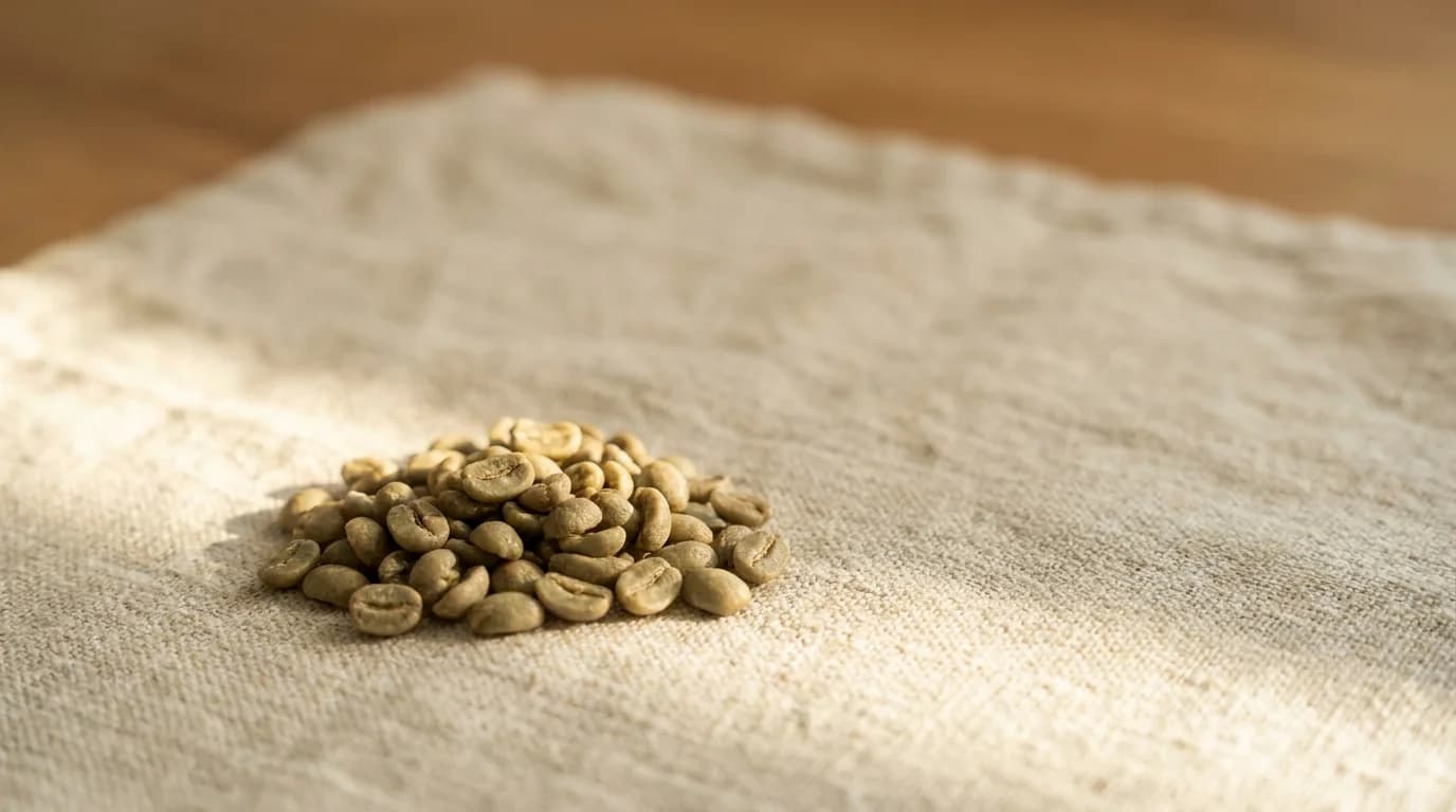 A small pile of green unroasted coffee beans on a rough hand-woven textile with warm afternoon daylight, minimalist earthy composition