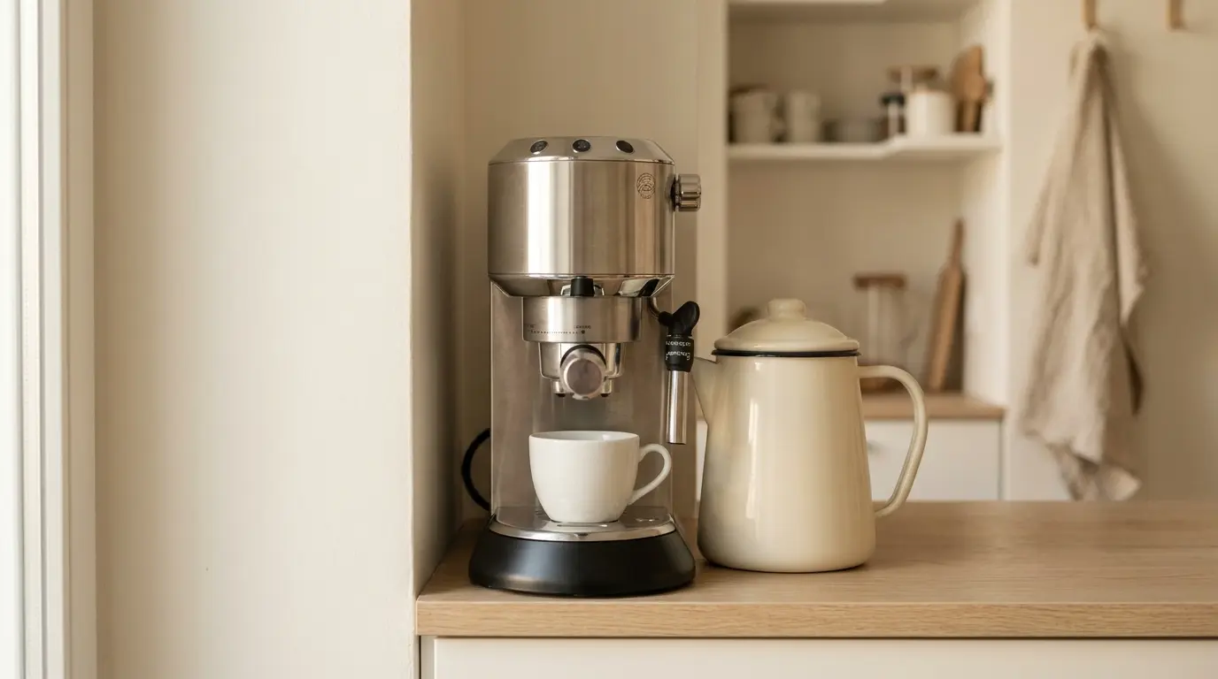 A narrow stainless espresso machine tucked between a wall and a cream kettle on a small apartment counter, a single white cup beneath the spout, soft daylight from the side