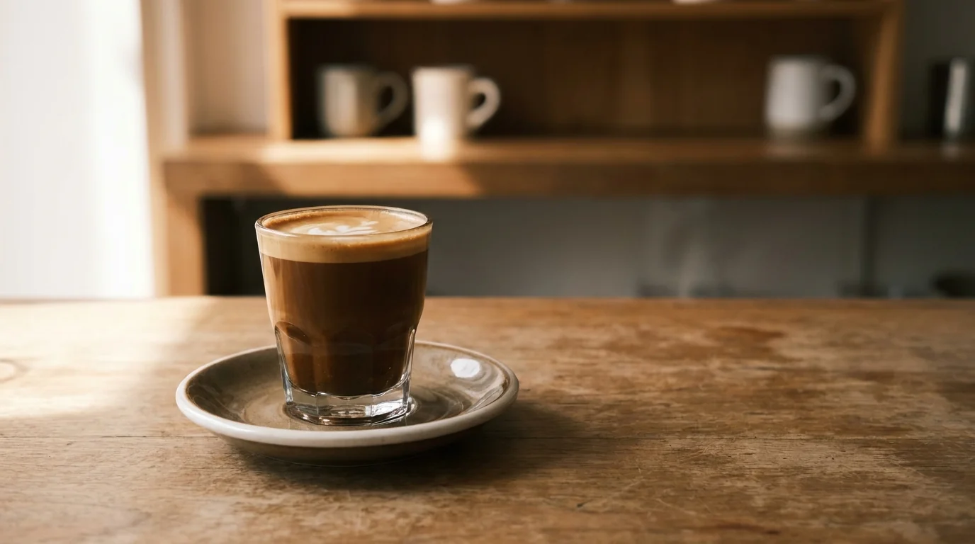 A small clear glass cup on a saucer holding a cortado coffee showing dark espresso topped with a small layer of warm milk, on a wooden cafe bar, warm daylight