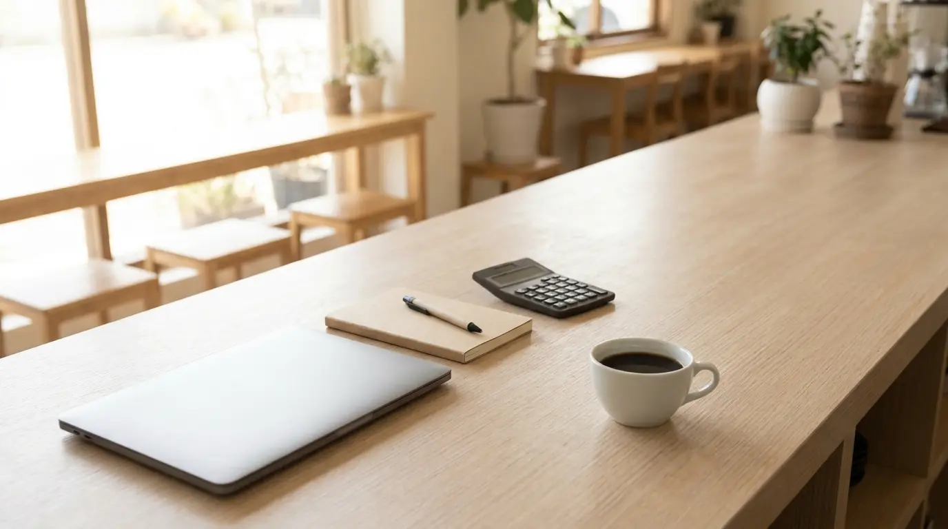 A pale wooden cafe counter at dawn before opening, a closed laptop, a notebook and pen, a calculator and a single white cup of black coffee in a row, soft low morning light