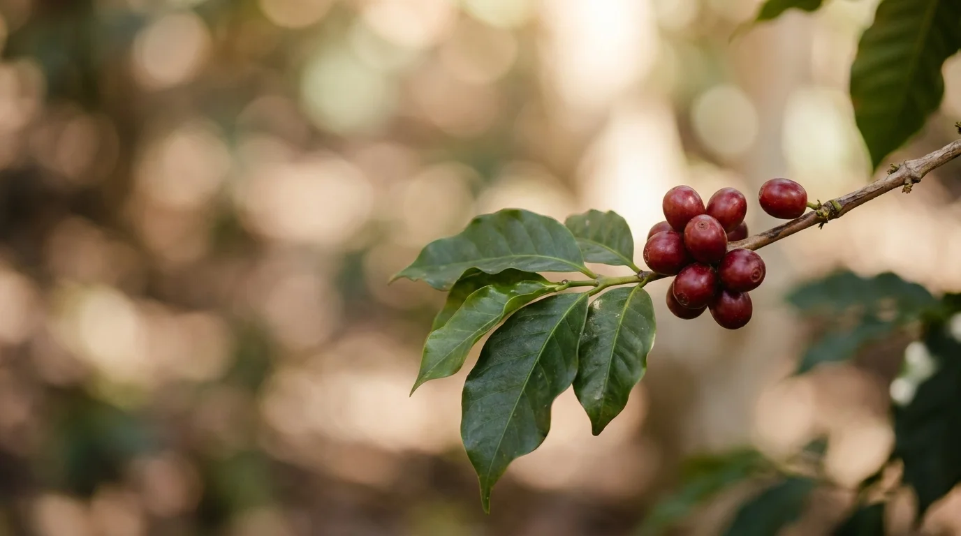 A small pile of green unroasted coffee beans on a rough hand-woven natural textile with warm daylight from the side, minimalist earthy composition with generous negative space, nothing else in frame