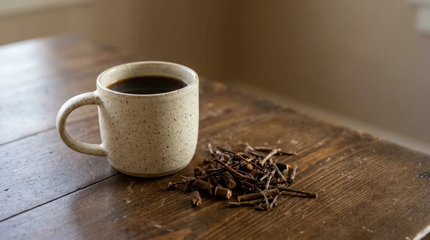 A speckled stoneware mug of dark dandelion root coffee on a rustic wooden farmhouse surface with a small handful of dried roasted dandelion root pieces beside it