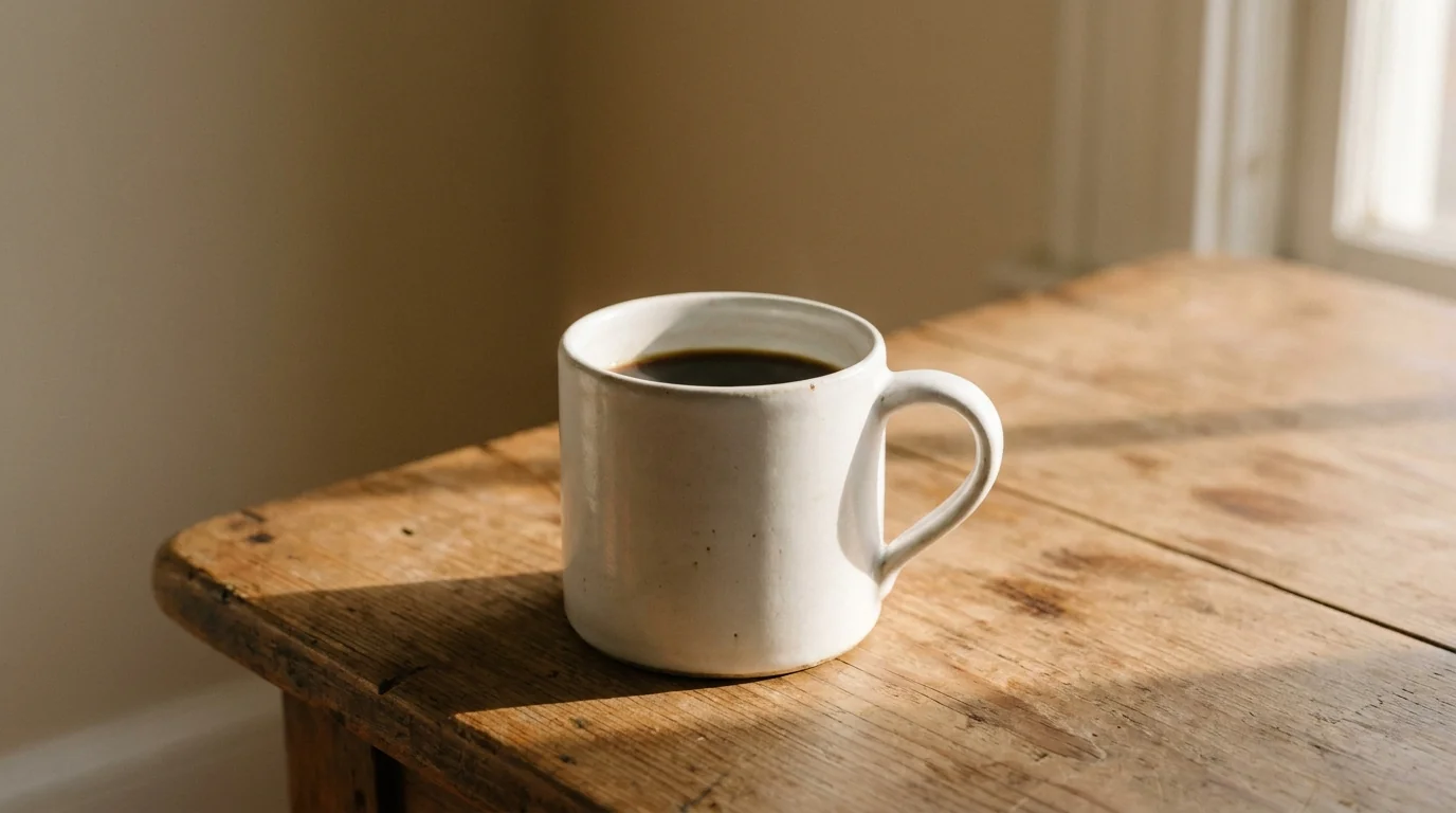 A single white ceramic mug of coffee on a bare wooden table with soft afternoon light, minimalist composition, gentle mood
