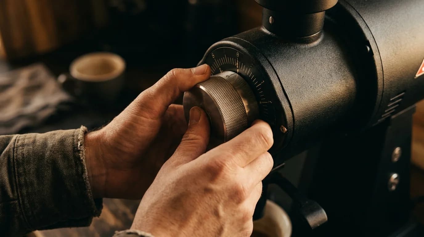 A barista adjusting a commercial espresso grinder, close-up of the grind adjustment dial, dark background, warm directional light on the dial and hands