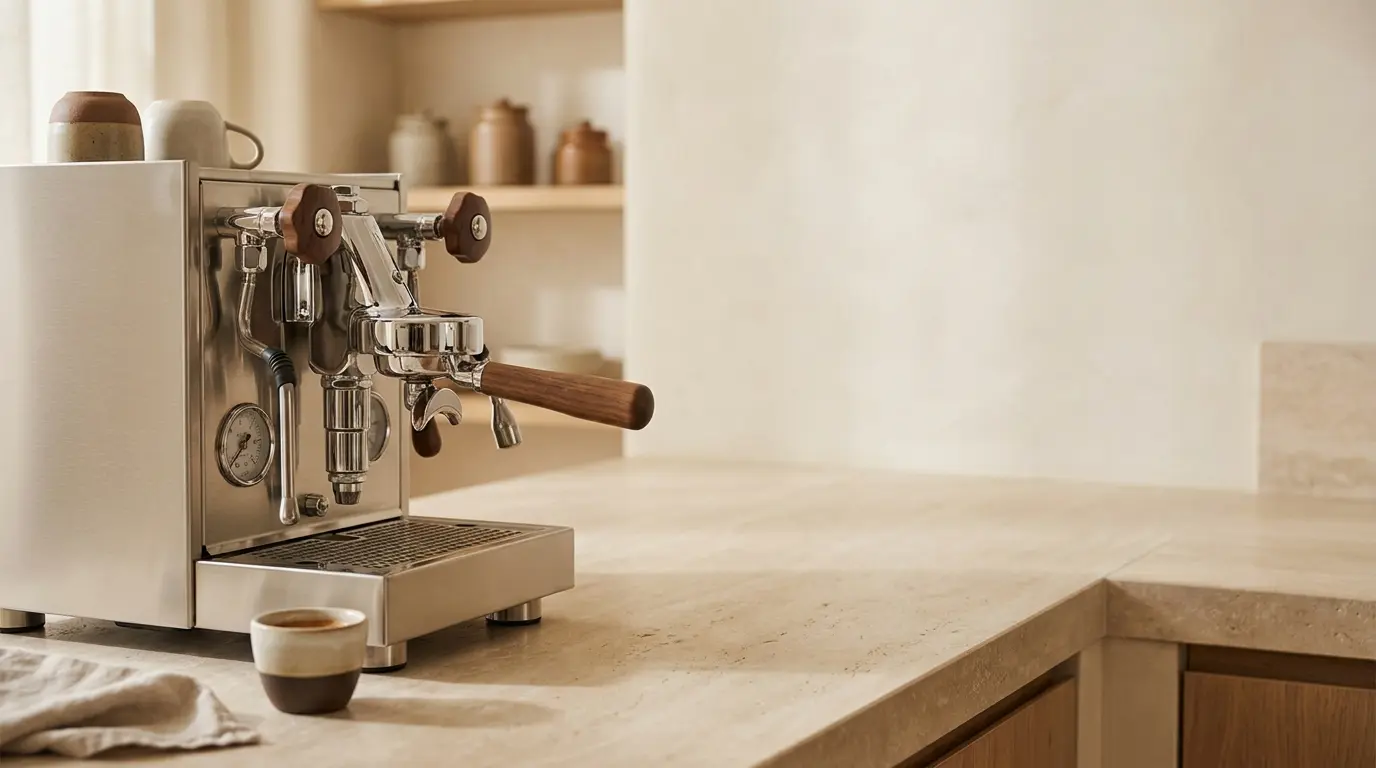A brushed stainless espresso machine with a chrome E61 group head and a round pressure gauge on a pale stone counter, portafilter locked in, warm soft light from the side