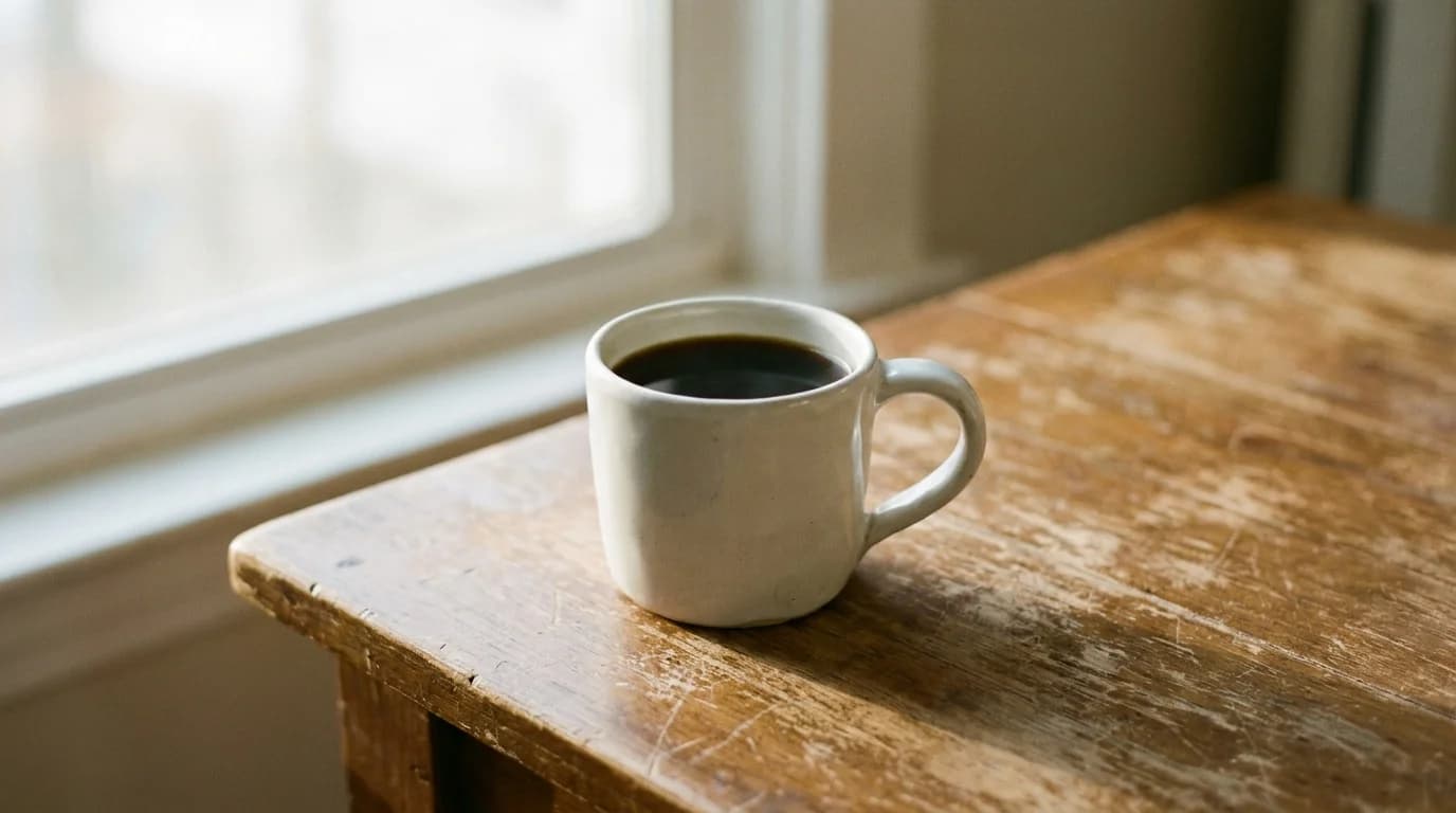 One plain white mug filled with dark coffee, resting on a bare wooden table with soft morning window light, minimalist composition, calm reflective mood